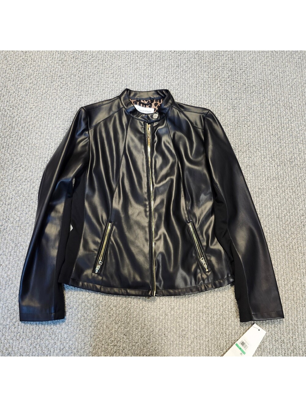 Calvin Klein Black Faux Leather Jacket Full Zip With Zip Pockets Size Large NWT